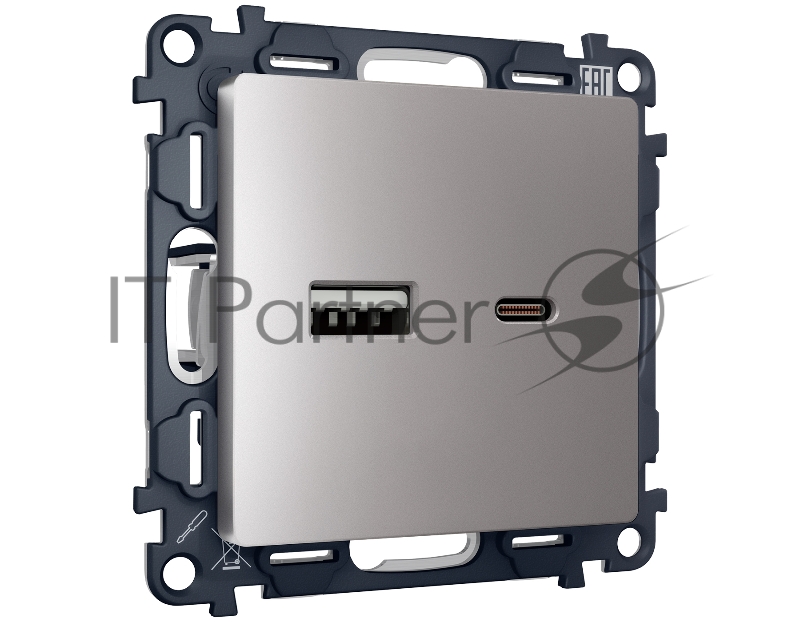 Комплект механизма розетки ALFA Сталь матовый 2USB A+C 20W (быстрая зарядка) QUANT (AP5110, VM177) MA511010