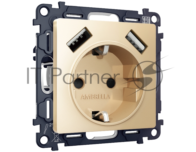 Комплект механизма электрической розетки ALFA Шампань 2USB A+A 18W (быстрая зарядка) с/з QUANT (AP6090, VM155) MA609010