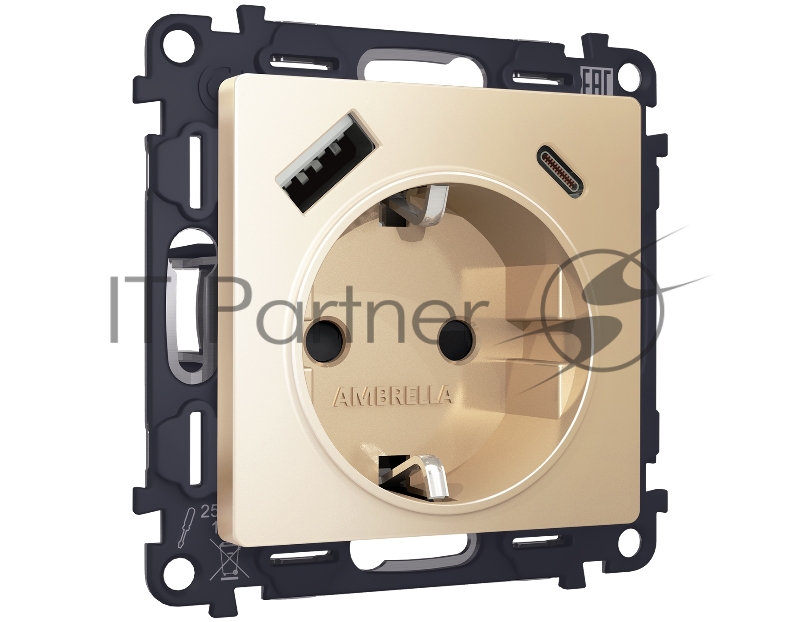 Комплект механизма электрической розетки ALFA Шампань 2USB A+C 20W (быстрая зарядка) с/з QUANT (AP6100, VM160) MA610010