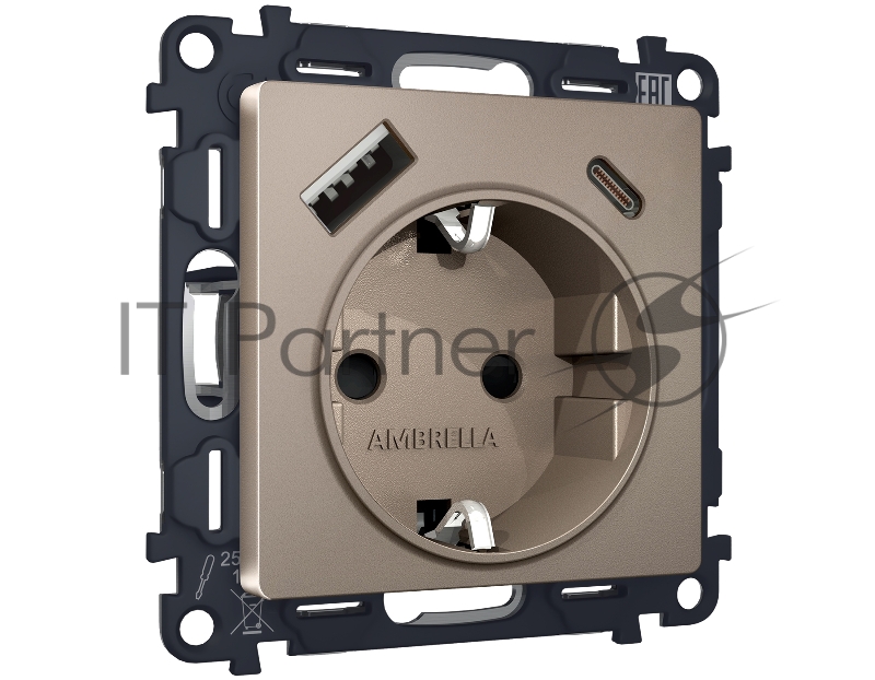 Комплект механизма электрической розетки ALFA Темная бронза матовый 2USB A+C 20W (быстрая зарядка) с/з QUANT (AP6400, VM160) MA640010