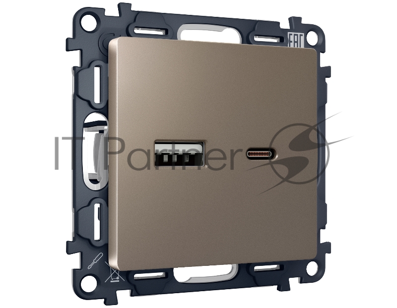 Комплект механизма розетки ALFA Темная бронза матовый 2USB A+C 20W (быстрая зарядка) QUANT (AP6410, VM177) MA641010