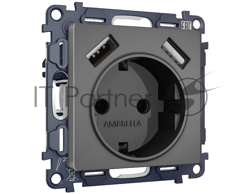 Комплект механизма электрической розетки ALFA Антрацит серый 2USB A+A 18W (быстрая зарядка) с/з QUANT (AP6590, VM155) MA659010