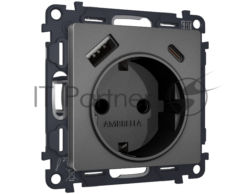 Комплект механизма электрической розетки ALFA Антрацит серый 2USB A+C 20W (быстрая зарядка) с/з QUANT (AP6600, VM160) MA660010