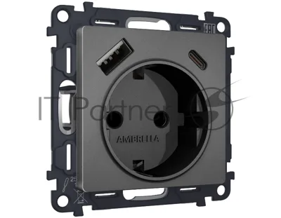 Комплект механизма электрической розетки ALFA Антрацит серый 2USB A+C 20W (быстрая зарядка) с/з QUANT (AP6600, VM160) MA660010