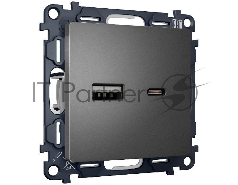 Комплект механизма розетки ALFA Антрацит серый 2USB A+C 20W (быстрая зарядка) QUANT (AP6610, VM177) MA661010