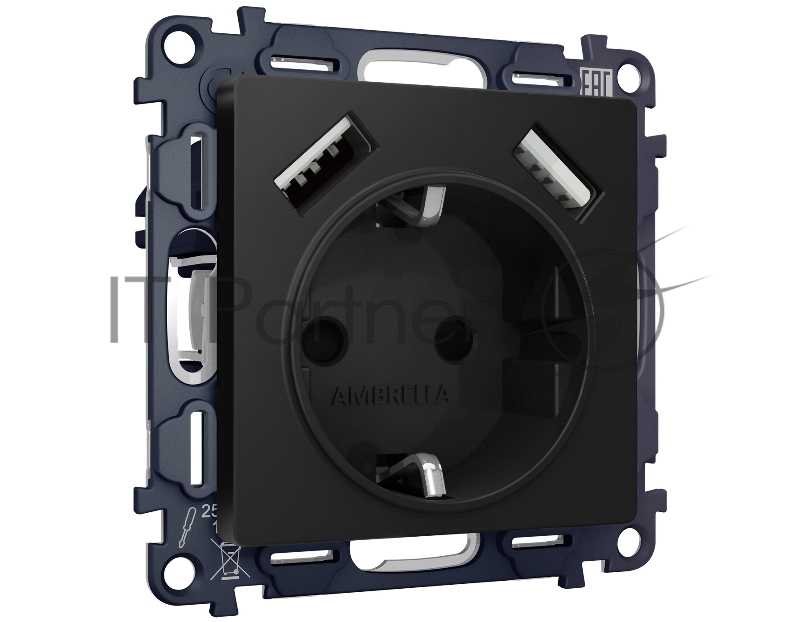 Комплект механизма электрической розетки ALFA Черный матовый 2USB A+A 18W (быстрая зарядка) с/з QUANT (AP8090, VM155) MA809010
