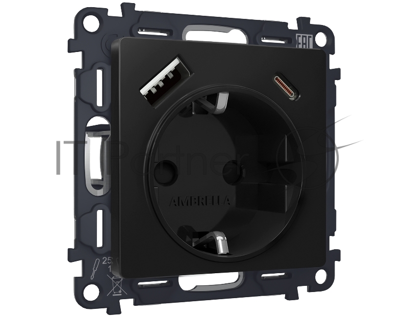 Комплект механизма электрической розетки ALFA Черный матовый 2USB A+C 20W (быстрая зарядка) с/з QUANT (AP8100, VM160) MA810010