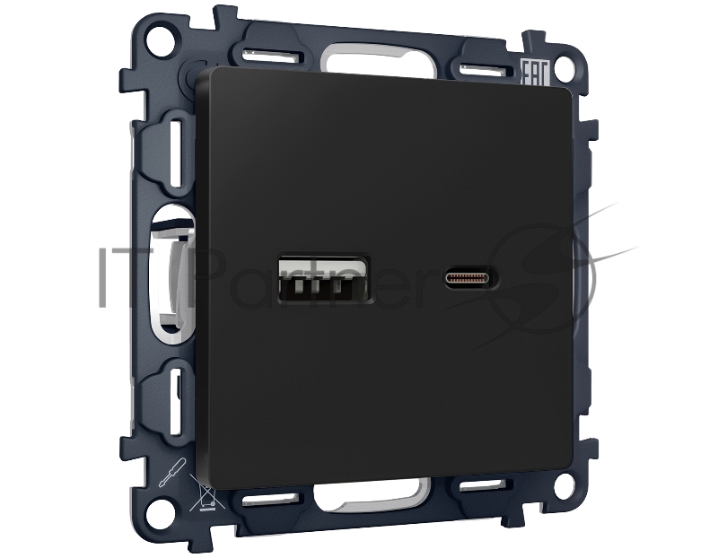 Комплект механизма розетки ALFA Черный матовый 2USB A+C 20W (быстрая зарядка) QUANT (AP8110, VM177) MA811010