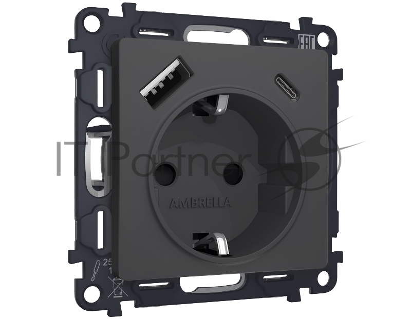 Комплект механизма электрической розетки ALFA Графит мягкое касание 2USB A+C 20W (быстрая зарядка) с/з QUANT (AP9100, VM160) MA910010