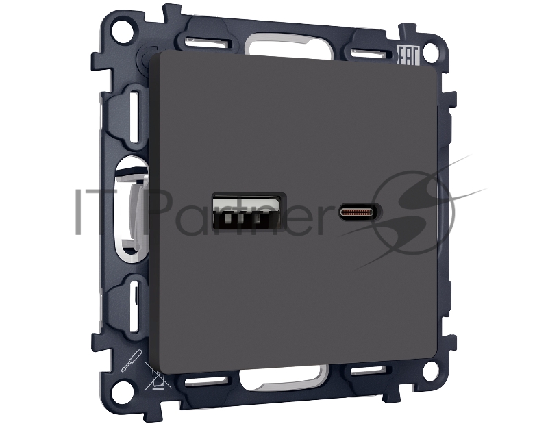 Комплект механизма розетки ALFA Графит мягкое касание 2USB A+C 20W (быстрая зарядка) QUANT (AP9110, VM177) MA911010