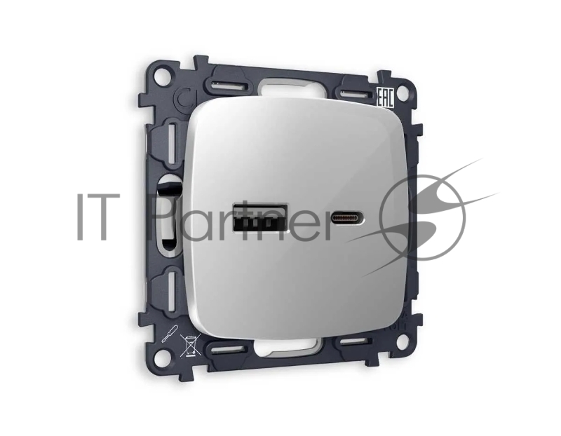 Комплект механизма розетки OMEGA Серебро глянец 2USB A+C 20W (быстрая зарядка) QUANT (OP4110, VM177) MO411010