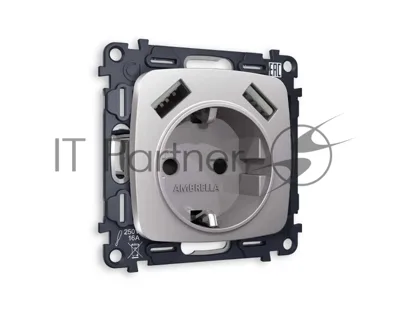 Комплект механизма электрической розетки OMEGA Сталь матовый 2USB A+A 18W (быстрая зарядка) с/з QUANT (OP5090, VM155) MO509010