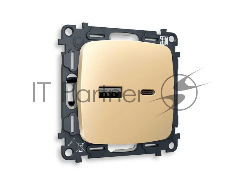 Комплект механизма розетки OMEGA Шампань 2USB A+C 20W (быстрая зарядка) QUANT (OP6110, VM177) MO611010