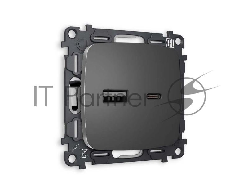 Комплект механизма розетки OMEGA Антрацит серый 2USB A+C 20W (быстрая зарядка) QUANT (OP6610, VM177) MO661010