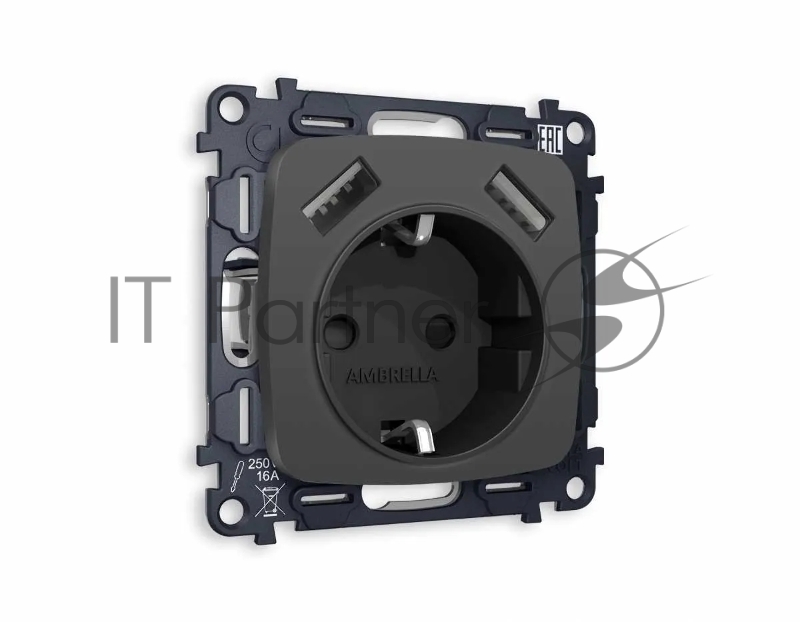 Комплект механизма электрической розетки OMEGA Графит мягкое касание 2USB A+A 18W (быстрая зарядка) с/з QUANT (OP9090, VM155) MO909010