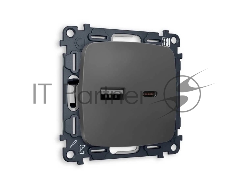 Комплект механизма розетки OMEGA Графит мягкое касание 2USB A+C 20W (быстрая зарядка) QUANT (OP9110, VM177) MO911010