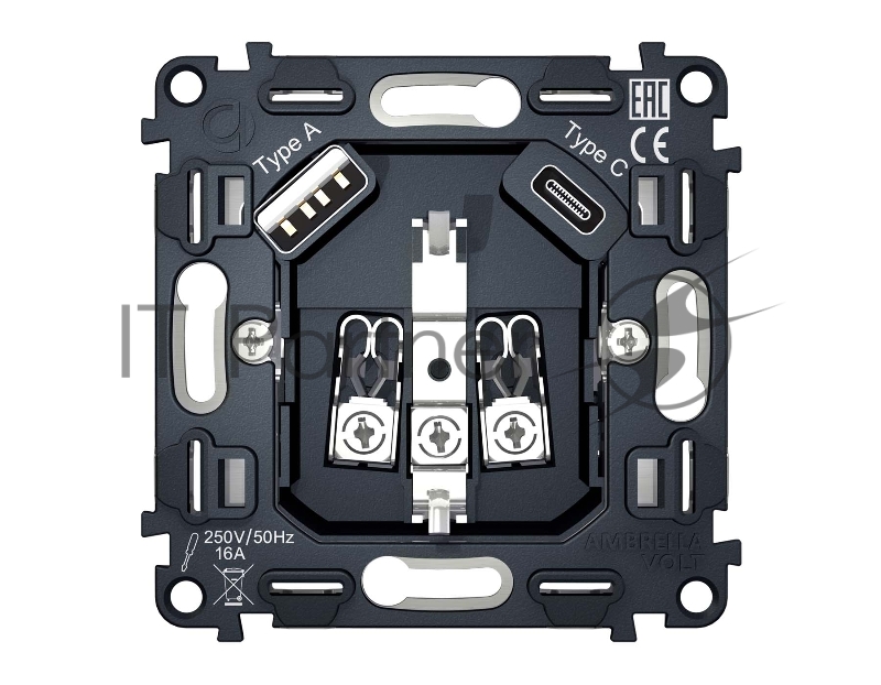 Механизм электрической розетки 2USB A+C 20W (быстрая зарядка) с/з на винтовых зажимах QUANT VM160