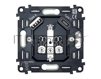 Механизм электрической розетки 2USB A+C 20W (быстрая зарядка) с/з на винтовых зажимах QUANT VM160