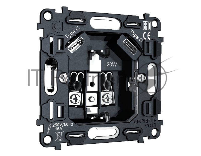 Механизм электрической розетки 2USB С+C 20W (быстрая зарядка) с/з на винтовых зажимах 16A-250V QUANT VM165