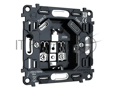 Механизм электрической розетки 2USB С+C 20W (быстрая зарядка) с/з на винтовых зажимах 16A-250V QUANT VM165