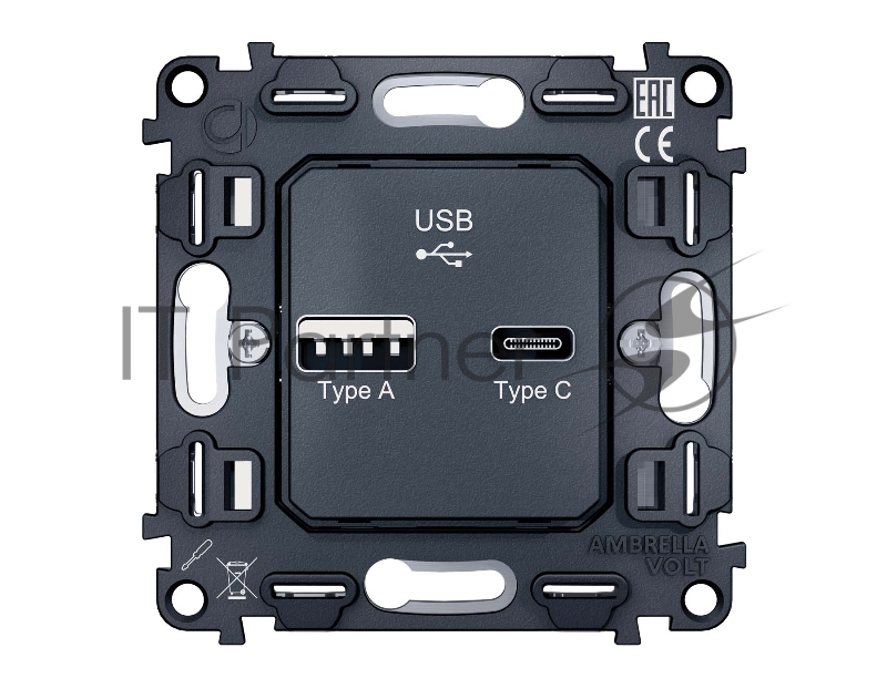 Механизм розетки 2USB A+C 20W (быстрая зарядка) QUANT VM177