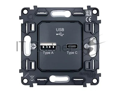 Механизм розетки 2USB A+C 20W (быстрая зарядка) QUANT VM177