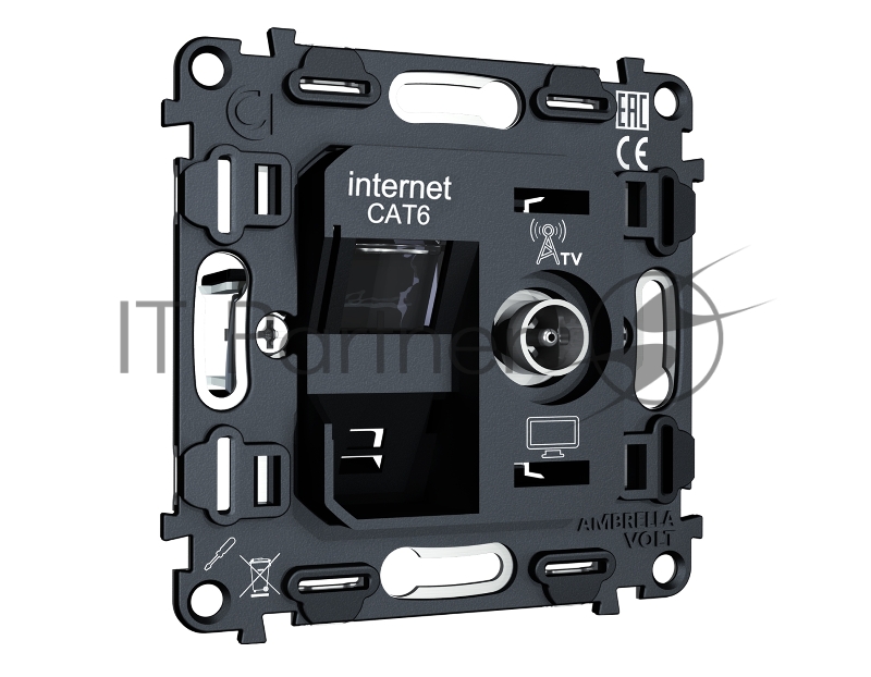 Механизм розетки компьютерной + TV оконечной RJ-45 (8P8C) CAT6/50-870 MHz 1dB с автоматической защитной шторкой QUANT VM195
