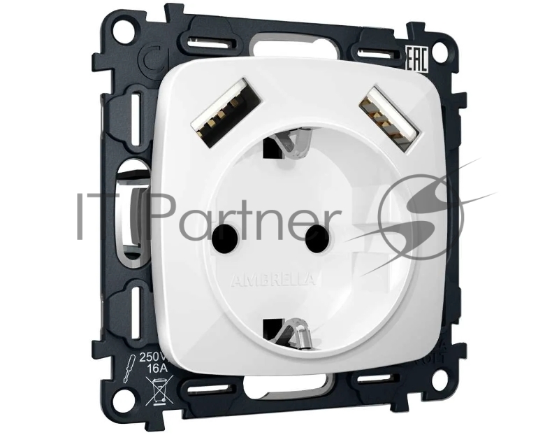 Комплект механизма электрической розетки OMEGA Белый глянец 2USB A+A 18W (быстрая зарядка) с/з QUANT (OP1090, VM155) MO109010
