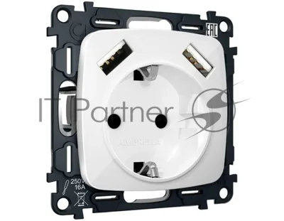 Комплект механизма электрической розетки OMEGA Белый глянец 2USB A+A 18W (быстрая зарядка) с/з QUANT (OP1090, VM155) MO109010