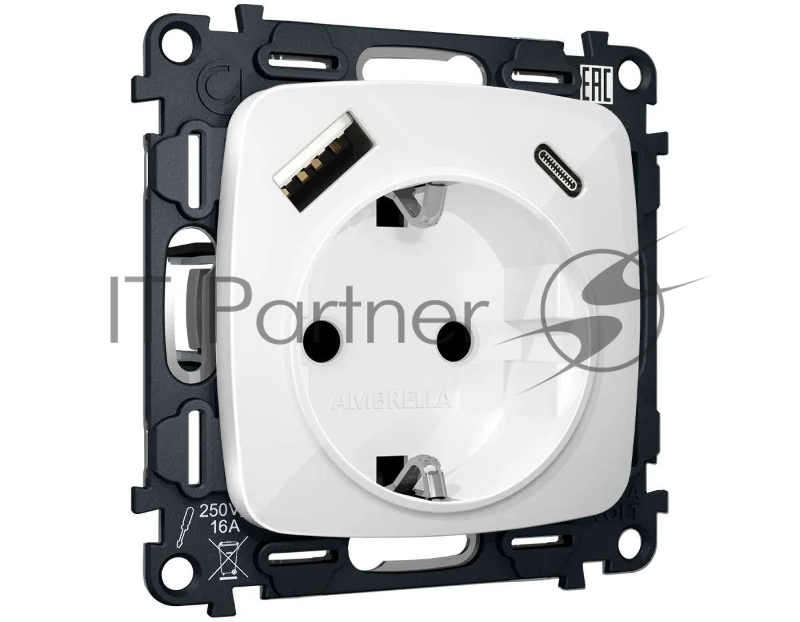 Комплект механизма электрической розетки OMEGA Белый глянец 2USB A+C 20W (быстрая зарядка) с/з QUANT (OP1100, VM160) MO110010