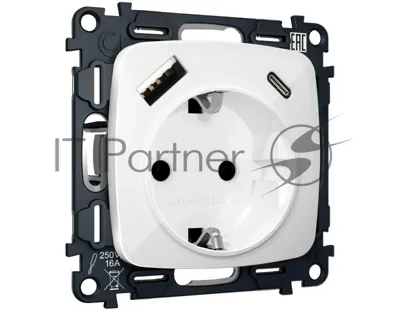 Комплект механизма электрической розетки OMEGA Белый глянец 2USB A+C 20W (быстрая зарядка) с/з QUANT (OP1100, VM160) MO110010