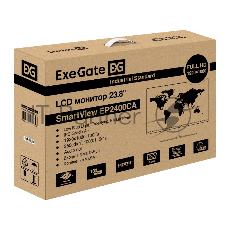 Монитор 23.8" ExeGate SmartView EP2400CA IPS 1920x1080, 100 Гц, 5 мс, 16:9, 250 кд/м², HDMI, VGA, Flicker Free, Low Blue Light, FreeSync, черный