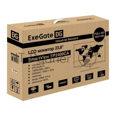 Монитор 23.8" ExeGate SmartView EP2400CA IPS 1920x1080, 100 Гц, 5 мс, 16:9, 250 кд/м², HDMI, VGA, Flicker Free, Low Blue Light, FreeSync, черный