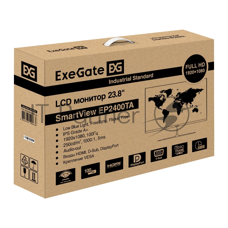 Монитор 23.8" ExeGate SmartView EP2400TA IPS 1920x1080, 100 Гц, 5 мс, 16:9, 250 кд/м², HDMI, DisplayPort, VGA, Flicker Free, Low Blue Light, FreeSync, черный