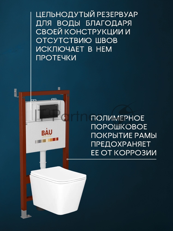 Комплект BAU 6 в 1: инсталляция BAU PRO, унитаз подвесной безободковый Bau Stil 51x35, сиденье дюропласт микролифт, клавиша BAU Soul, черная матовая