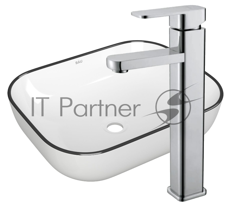 Раковина накладная со смесителем (прямоугольная BAU Stil 50х40, белая, черный кант + смеситель Hotel Still, нержавеющая сталь)