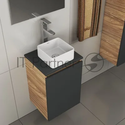 Комплект для ванной, 4 предмета (тумба Bau 40, графит + раковина BAU Hotel mini 24х24 + смеситель Hotel Still, выпуск клик-клак, хром)