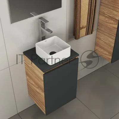 Комплект для ванной, 4 предмета (тумба Bau 40, графит + раковина BAU Hotel mini 24х24 + смеситель Hotel Still, выпуск клик-клак, черный)