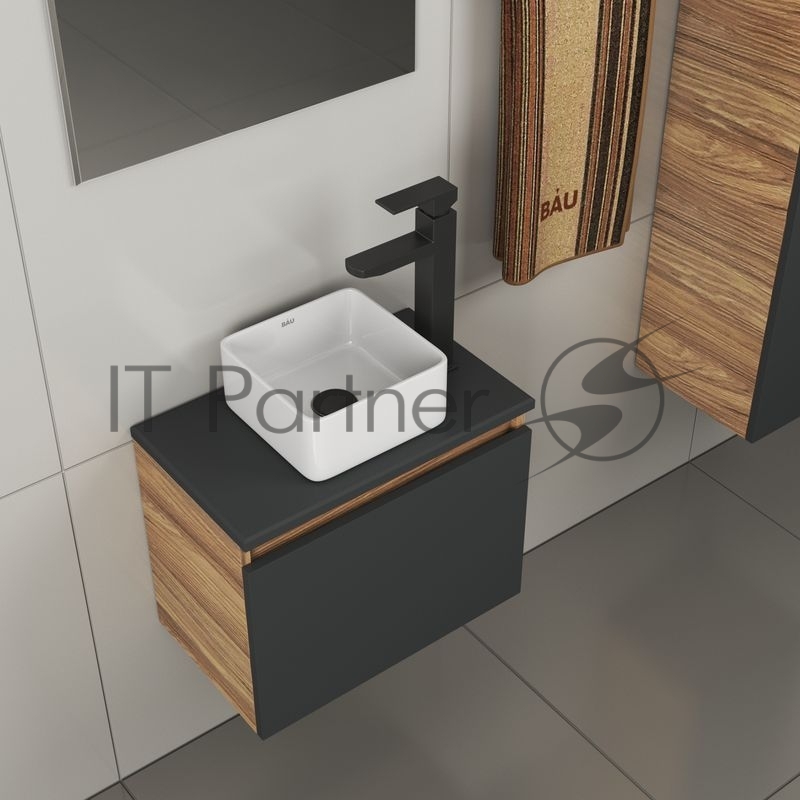Комплект для ванной, 4 предмета (тумба Bau 50, графит + раковина BAU Hotel mini 24х24 + смеситель Hotel Black, выпуск клик-клак, черный)