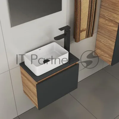 Комплект для ванной, 4 предмета (тумба Bau 50, графит + раковина BAU Hotel mini 37х23 + смеситель Hotel Black, выпуск клик-клак, черный)