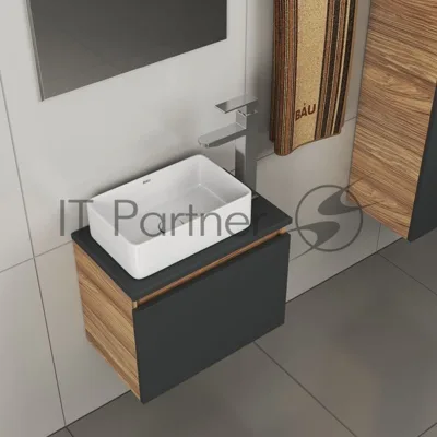 Комплект для ванной, 4 предмета (тумба Bau 50, графит + раковина BAU Hotel mini 37х23 + смеситель Hotel Still, выпуск клик-клак, белый)