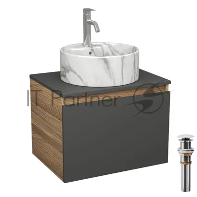 Комплект: тумба Bau Dream Blackwood графит 60, 1 ящик, раковина круглая накладная BAU Element D41, мрамор, смеситель Hotel Dream, нерж сталь, выпуск клик клак белый