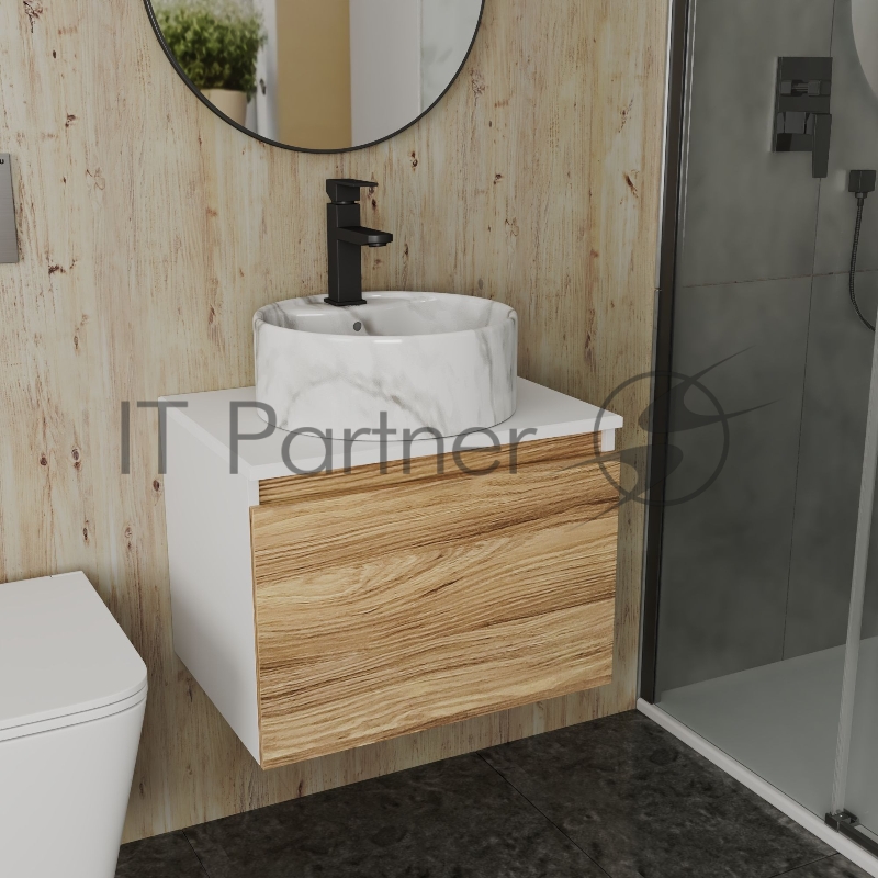 Комплект: тумба Bau Dream Blackwood 60, 1 ящик, Раковина круглая накладная BAU Element D41, мрамор, смеситель Hotel Black, черный матовый
