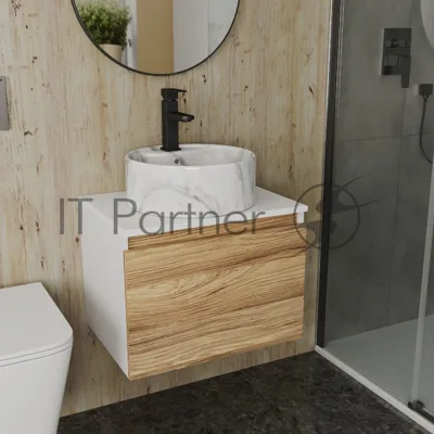 Комплект: тумба Bau Dream Blackwood 60, 1 ящик, Раковина круглая накладная BAU Element D41, мрамор, смеситель Hotel Black, черный матовый