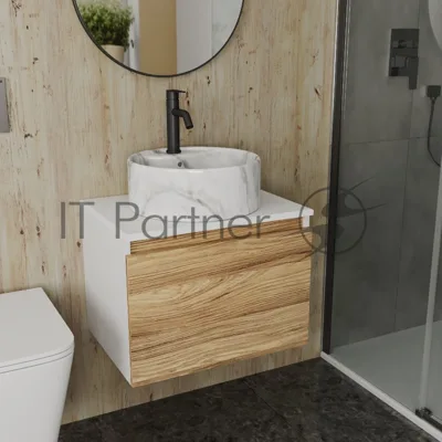 Комплект: тумба Bau Dream Blackwood 60, 1 ящик, Раковина круглая накладная BAU Element D41, мрамор, смеситель Hotel Dream Black, черный матовый
