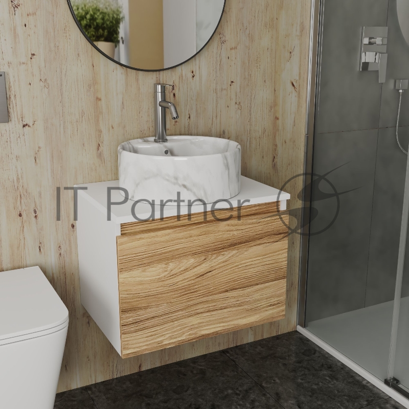 Комплект: тумба Bau Dream Blackwood 60, 1 ящик, Раковина круглая накладная BAU Element D41, мрамор, смеситель Hotel Dream, нерж сталь