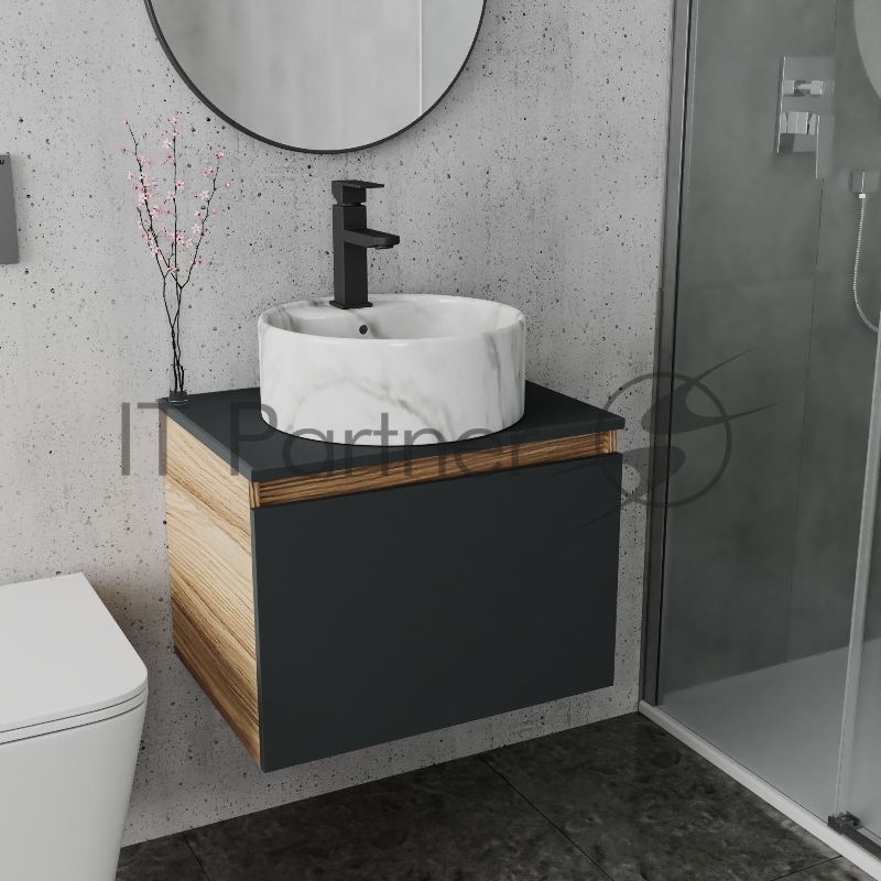 Комплект: тумба Bau Dream Blackwood графит 60, 1 ящик, раковина круглая накладная BAU Element D41, мрамор, смеситель Hotel Black, черный матовый