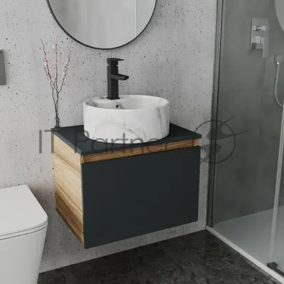 Комплект: тумба Bau Dream Blackwood графит 60, 1 ящик, раковина круглая накладная BAU Element D41, мрамор, смеситель Hotel Black, черный матовый