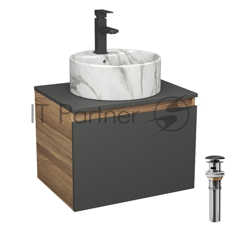 Комплект: тумба Bau Dream Blackwood графит 60, 1 ящик, раковина круглая накладная BAU Element D41, мрамор, смеситель Hotel Black, черный матовый, выпуск клик клак черный