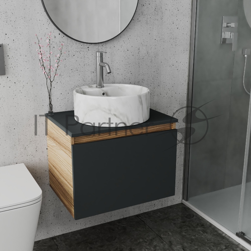 Комплект: тумба Bau Dream Blackwood графит 60, 1 ящик, раковина круглая накладная BAU Element D41, мрамор, смеситель Hotel Dream, нерж сталь